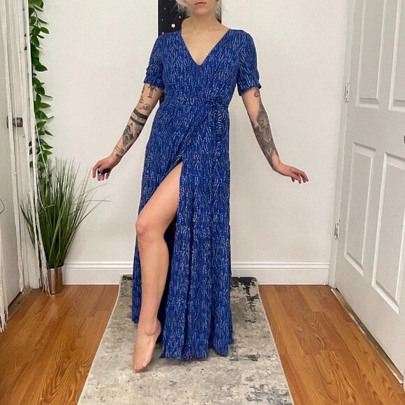 BA&SH Floral Wrap Short Sleeve Crepe Maxi Dress Tie-Waist Size S Blue - Picture 3 of 12